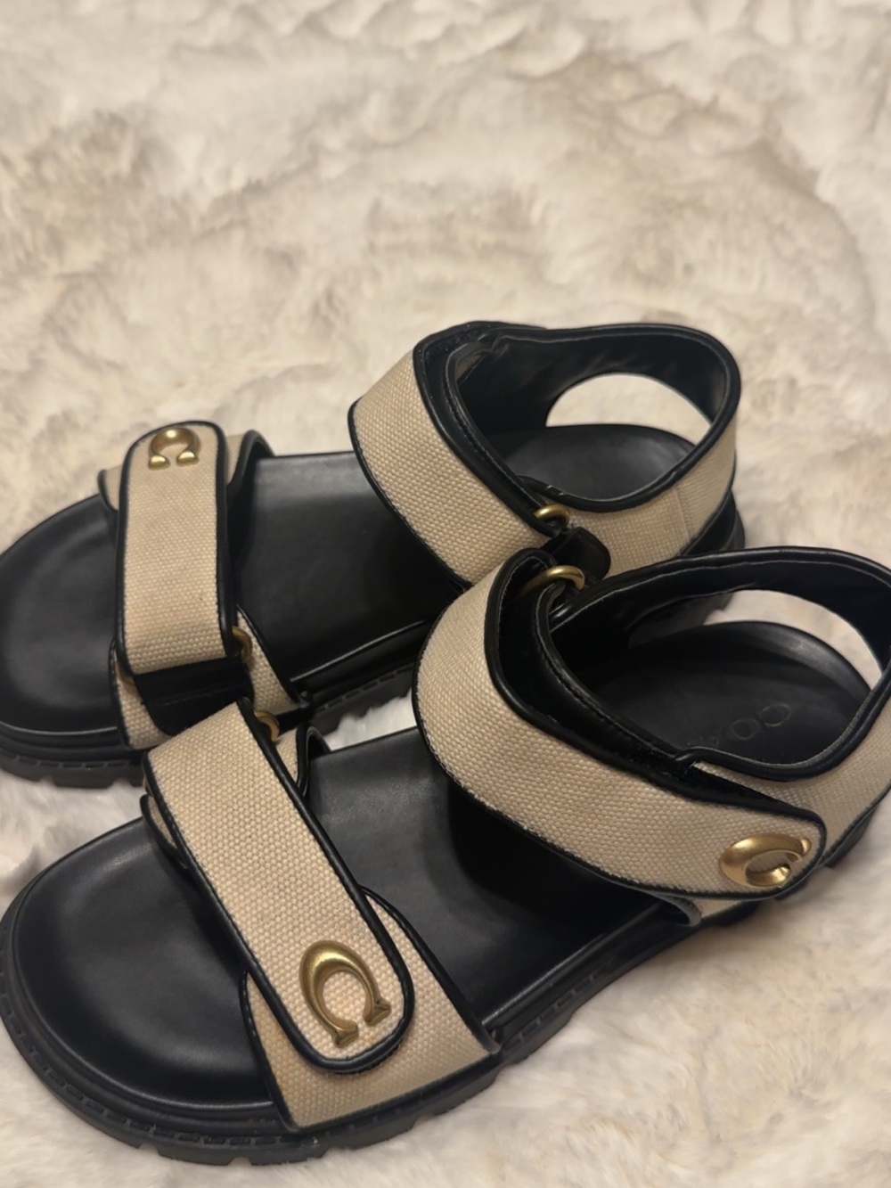 Coach Beige Canvas and Black Leather Strap Sandals with Gold Hardware